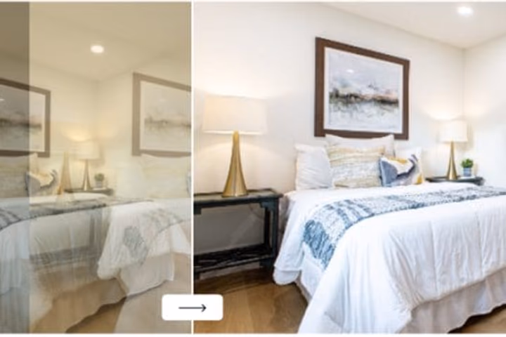 Comparison of edited bedroom interior versus original raw image