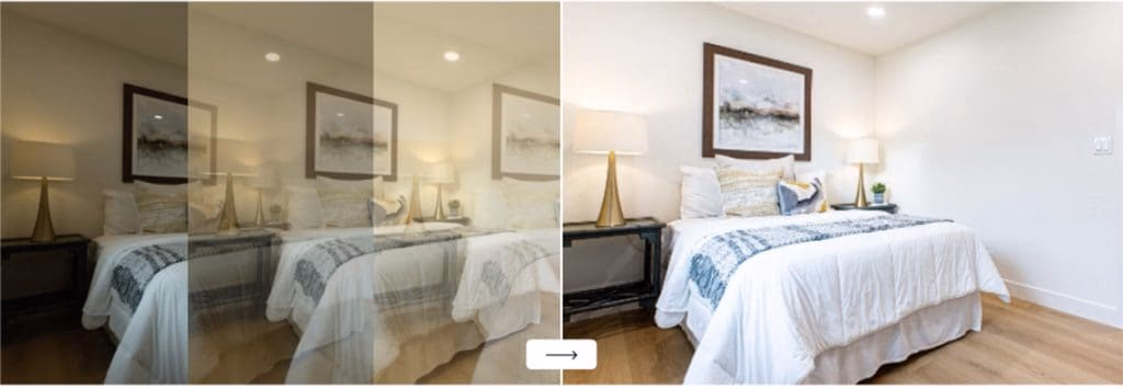 Comparison of edited bedroom interior versus original raw image