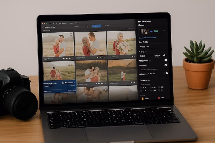 A laptop displaying a photo editing application with AI-assisted editing features