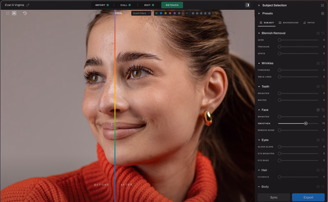 A split-screen showing a portrait before and after AI retouching