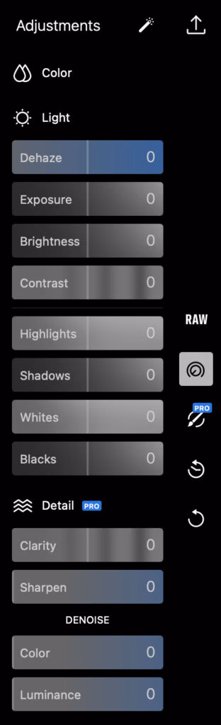 Polarr adjustments panel