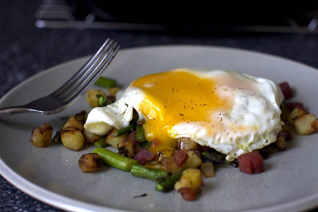 Pancetta hash with fresh spring asparagus